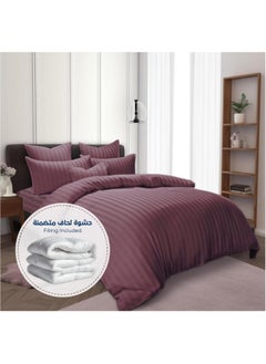 Buy Pink microfiber 7-piece hotel striped bedding set in Saudi Arabia