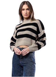 اشتري Striped Dark Beige & Black Pullover with High-Neck في مصر