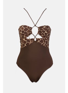 Buy Women Padded Animal Print One Piece Swimsuit, Brown in Saudi Arabia