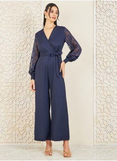 Buy Chiffon Jacquard Sleeves Wide Leg Jumpsuit with Tie Up Belt in Saudi Arabia