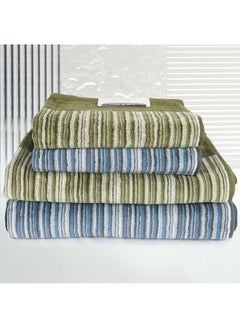 اشتري 4 Piece Bathroom Towel Set ETERNITY 500 GSM 100% Cotton Velour 2 Bath Towel 70X140 cm & 2 Hand Towel 50x90 cm Light Green & Blue Color Modern Stripe Design Luxury Touch Extra Absorbent في الامارات