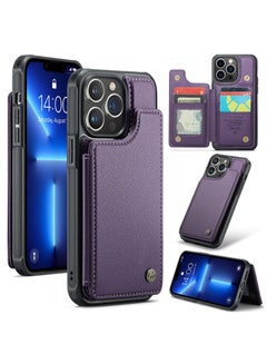 Buy Wallet Case for iPhone 14 Pro Premium Handmade Durable PU Leather Slim Shockproof Case with [Double Magnetic Clasp] [Card Holder] [Kickstand] [RFID Blocking] (Purple) in Egypt
