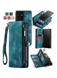 Buy Protective Phone Cover Case Wallet Case For Samsung Galaxy S21 Ultra, 2 in 1 Detachable Premium Leather Magnetic Zipper Pouch Wristlet Flip Phone Case (Blue) in UAE