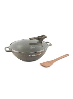 Buy 28cm (4.4 Liter)  Granite Coated Non-Stick Cooking Wok with Glass Lid and Wooden Turner - Non Stick Kadai in UAE