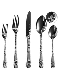 اشتري Floral Damask Rose Black Cutlery Set, 20 Pcs Includes 8 x Spoons, 8 x Forks, 4 x Knife, Stainless Steel, Dishwasher Safe, Mirror Polished Tableware, Durable Flatware, Home Kitchen في السعودية