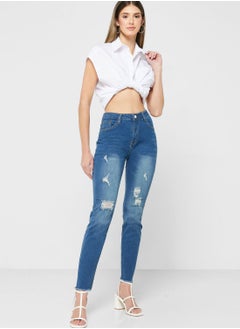 Buy Straight Fit Jeans With Rip At Knee in UAE