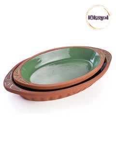 Buy Handmade Clay Cookware for Mexican, Indian, and Korean Dishes - Grean Glazed Pottery Pan with Handles - 2 Pcs - Cooking, Baking, and Serving in Style with Authentic Clay Cookware in UAE