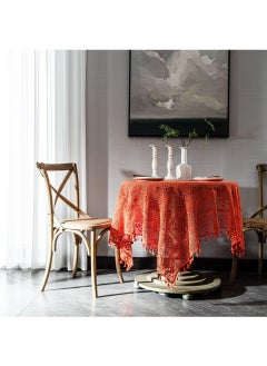 Buy Retro American Crochet Round Table Fabric Knitted Hollowed Out Coffee Table Cover Fabric Orange in UAE