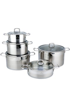 Buy President Series Premium 18/10 Stainless Steel Cookware Set - Pots and Pans Set Induction Thick Base for Even Heating Includes Casserroles 20/24/28/32cm + Shallow Pot 28cm Oven Safe Silver in UAE