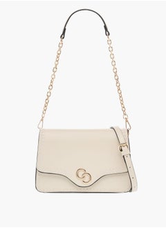 اشتري Solid Crossbody Bag with Detachable Strap and Flap Closure في الامارات