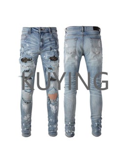 اشتري Cross Border Diamond Embellished Jeans With Holes High Street Trendy Brand Splashed Ink Patch Elastic Vintage Jeans في الامارات