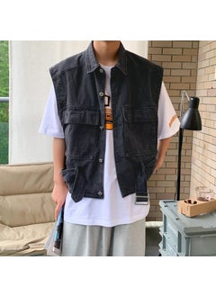 Buy Retro Sleeveless Denim Vest Men Summer Trendy Jacket Black in UAE