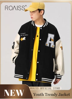 Buy Men Baseball Jacket Spring Autumn Uniform Jackets Fashion Oversized Graphic Striped Trim Drop Shoulder Corduroy Varsity Jacket Preppy Striped Stand Collar Jacket in Saudi Arabia