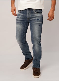 Buy Men’s Faded Patch Work Full Length Denim in Blue in UAE