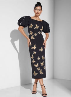 Buy Balloon Sleeve Laser Cut Dress in UAE