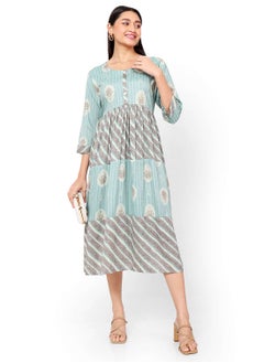 اشتري FRONT STYLED BUTTONED SOFT VISCOSE BLUE COLOUR SHORT PRINTED CASUAL ARABIC KAFTAN JALABIYA DRESS في السعودية