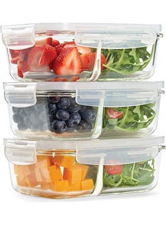 Buy Airtight Seal, Portion Cont Divided, 3-Pack, Two Compartments, Set of 3 Locking Lids, Glass Storage, Meal Prep Containers, 3 Pack, Clear in Saudi Arabia