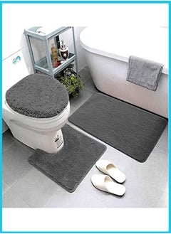 اشتري Bathroom Rugs Set of 3 Piece Plush Bath Contour Mat Toilet Rugs U-Shaped Soft Water Absorbent Runner Rug Non-Slip Bathroom Shower Mat Toilet Seat Cover Area Floor Rug for Tub Grey في السعودية