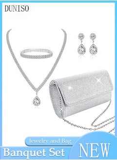 Buy 4Pcs Clutch Bag Rhinestone Jewelry Set with Necklace Earrings Bracelets Rhinestone Purse Bag Glitter Evening Bag Wedding Bridal Bridesmaid Costume Jewelry Set for Women and Girls Dress Accessories in UAE