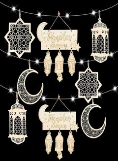 اشتري 8 Pieces Ramadan Decorations Ramadan Ornament Wooden Lantern Baubles Hanging Plaque Sign Ornament with Warm White 5M 50LED Battery Operated Fairy String Lights Ramadan Decoration for Home Party Decor في السعودية