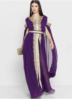 Buy Split Sleeve Embellished Belted Dress in UAE