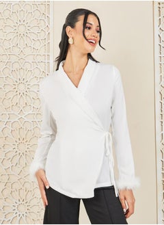 Buy Faux Feather Notch Lapel Neck Wrap Top in Saudi Arabia