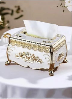 Buy 1-Piece Tissue Paper Box Rectangle Shaped Tissue Box Plastic White/Gold 18.5x10.5x13.5 cm in UAE