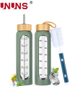 اشتري 1L Motivational Glass Water Bottle with Time Marker & Silicone Sleeve &  Straw & Bamboo Lids & Fruit Infuser , Leak Proof Reusable BPA Free Motivational Drinking Jug Water Jug في السعودية