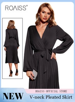 Buy Ladies Dress A-Line Long Sleeve High Waist Solid Color Dress Large Hem Pleated Dress in UAE