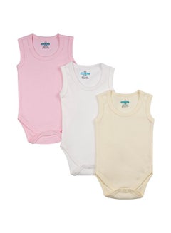Buy 100% Super Soft Cotton, Sleeveless Romper/Bodysuit, for New Born to 24months. Set of 3 - Pink, Lemon, Cream in UAE