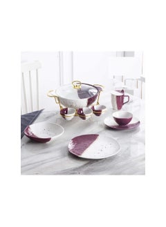 Buy Porcelain dinner set, 48 cm, with thermal cup, white x burgundy, DS381-34WITH&BROUN in Egypt