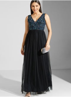 Buy Hadia Ghaleb Shimmer V Neck Dress in UAE