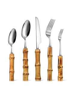 اشتري Bamboo Silverware Set Natural Bamboo Flatware Set Hand Crafted Bamboo Cutlery Utensils (5 Sets 20 Cutlery Piece Silver) في السعودية