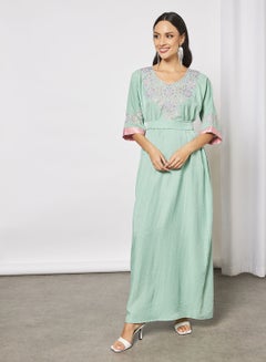 Buy Jalabiya With Embroidery In Front And Short Sleeves With Belt in Saudi Arabia