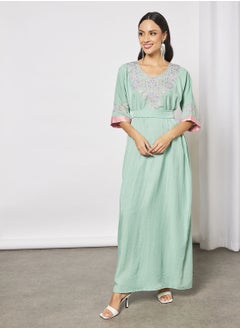 Buy Jalabiya With Embroidery In Front And Short Sleeves With Belt in Saudi Arabia