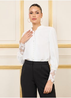 اشتري Lace Cuff Sleeves Button Loop Closure Blouse في السعودية