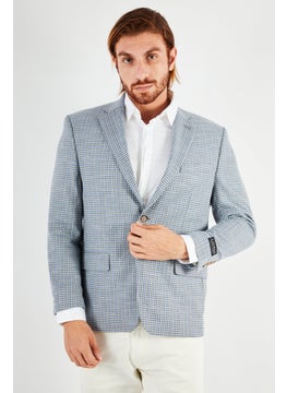 Buy Men Regular Fit Notch Collar Long Sleeve Checkered Blazer, Blue/Grey in UAE