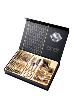 Buy 24-Pieces Cutlery Set with Gift Box Stainless Steel Utensils set for 6 includes Forks Spoons Knives| Mirror Polished Tableware Set for Home and kitchen Dishwasher Safe-Silver in UAE