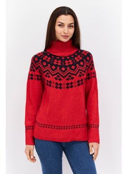 Buy Women Turtle Neck Crochet Sweaters, Red/Navy in UAE