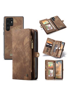 Buy Protective Phone Cover Case Wallet Case For Samsung Galaxy 22 Ultra, 2 in 1 Detachable Premium Leather Magnetic Zipper Pouch Wristlet Flip Phone Case (Coffee) in UAE