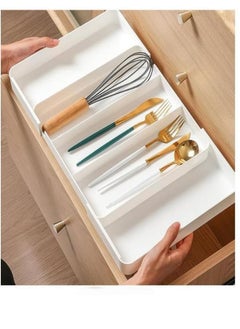 اشتري Thickened Telescopic Storage Box Drawer Type Pull-Out Partition Box Stationery Classification Adjustable And Scalable Suitable For Kitchen Utensils Refrigerator Cabinet Office White في السعودية