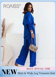 Buy Ladies Comfortable Cotton Linen 2 Piece Suit for Daily Commute - Shirt and Wide Leg Pants Set with Simple Loose Fit Design for Leisure in UAE