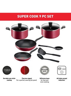 Buy Super Cook 9 pc set frypan 24 cm wokpan 28 cm stewpots 22/24 cm+lids spoon slotted spoon slotted spatula B460S984 in UAE