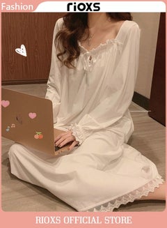 Buy Womens Long Sleeve Sleep Dress Sleepwear Long Dress With Lace Trim For Girls Sweet Lady Pajama Dress in UAE