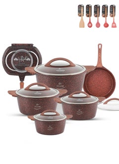 Buy Cookware Set 16 pieces - Cooking Pots and pans set Induction Bottom , Granite Non Stick Coating, Die Cast aluminum Body include Casseroles & Fry pan & Double Grill pan And Kitchen Utensils (Maroon) in UAE