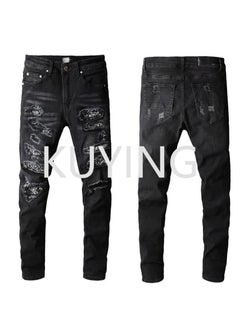 Buy European and American High Street Black High Street Jeans Men's Worn Patch Feet Pants in UAE