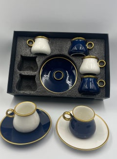 Buy Turkish Coffee Cup And Saucer Set Shiny White And Blue Colour Set 12 Pieces Porcelain in UAE