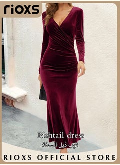 Buy Women's Elegant V Neck Slim Fit Long Sleeve Dress Cocktail Mermaid Dress Party Wedding Maxi Dress For Special Occasions in UAE