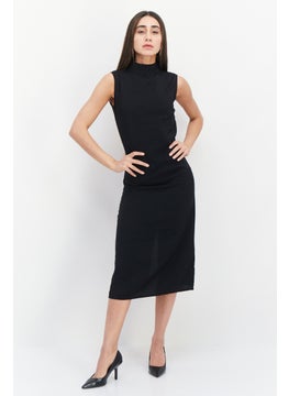 اشتري Women High Neck Plain Midi Dress, Black في السعودية