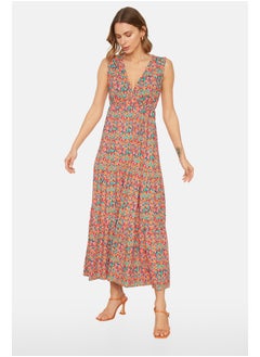 Buy Multicolored Floral Print V-Neck Sleeveless A-Line Maxi Knit Dress TWOSS22EL1588 in Egypt